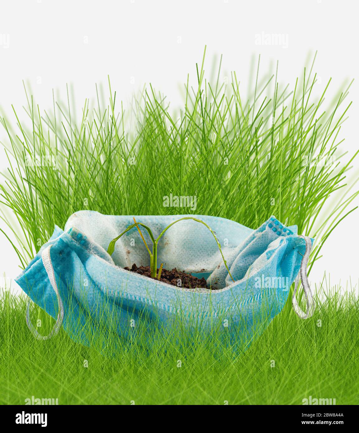 green plant growing in protection mask as a pot : the world in quarantine lets the earth and the environment breathe,coronavirus impact Stock Photo