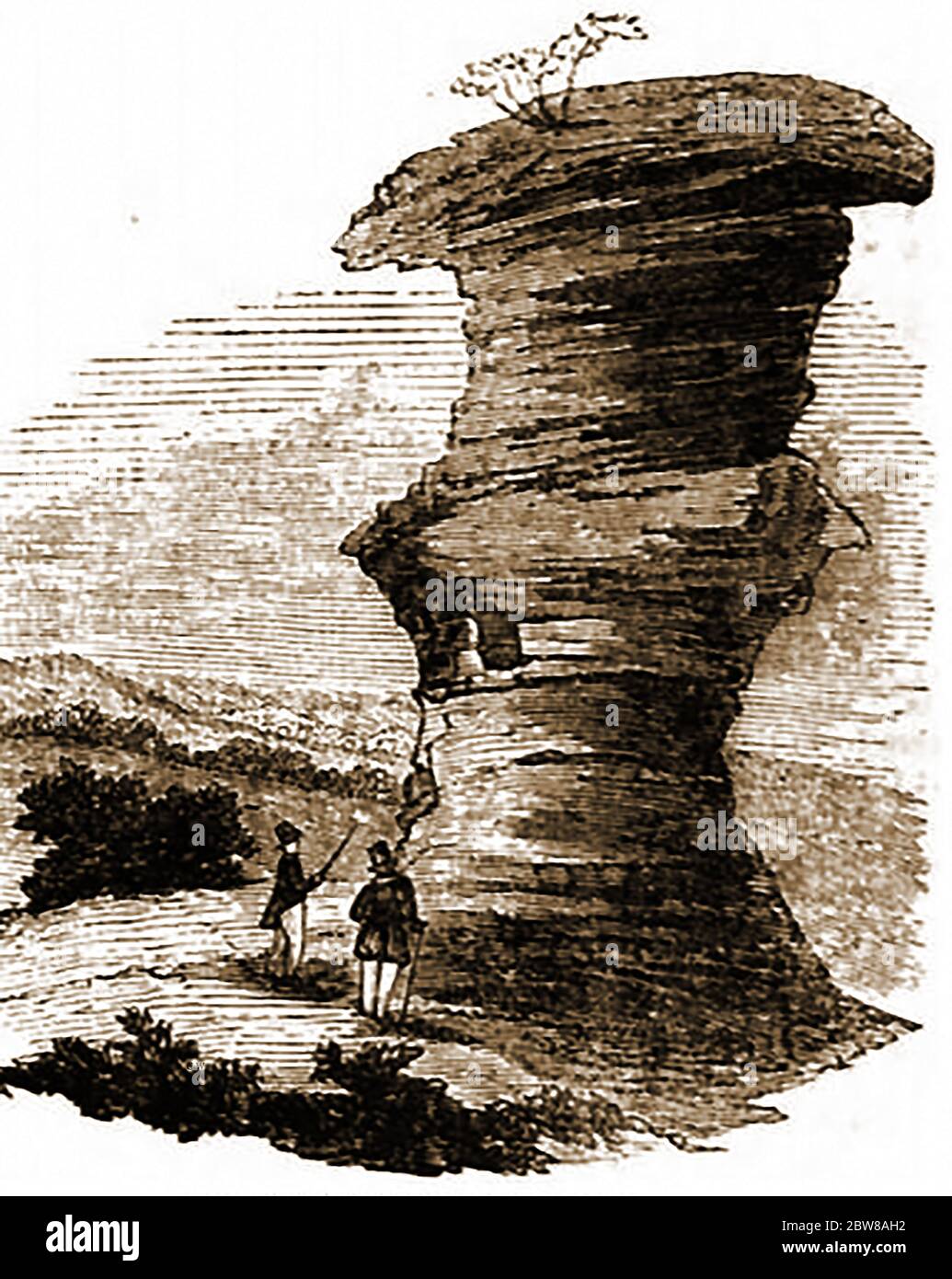 The Hemlock Stone/ Himlack Stone , Stapleford Hill (Bramcote Hills), near Stapleford, Nottinghamshire, England as it was in 1842.The stone is now protected by an iron fence and the stack is  little changed, though wind and weather erosion continues. The stone is mentioned in D.H. Lawrence's novel Sons and Lovers and  an annual free festival, the Hemlock Happening, is held for one day  each June. Stock Photo
