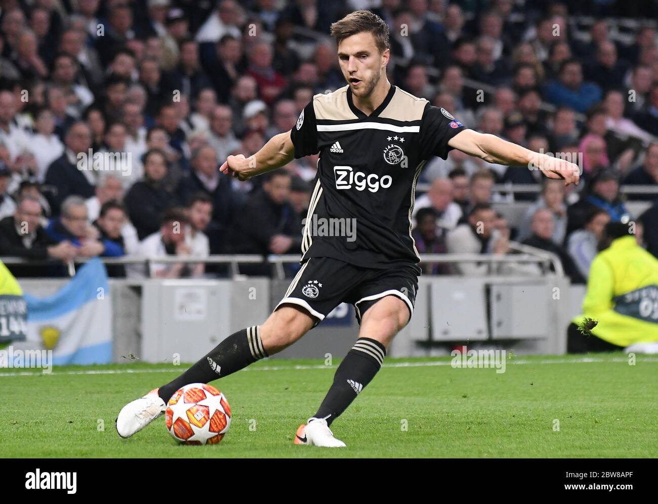 LONDON, ENGLAND - APRIL 30, 2019: Joel Veltman of Ajax pictured during the first leg of the 2018/19 UEFA Champions League Semi-finals game between Tottenham Hotspur (England) and AFC Ajax (Netherlands) at Tottenham Hotspur Stadium. Stock Photo