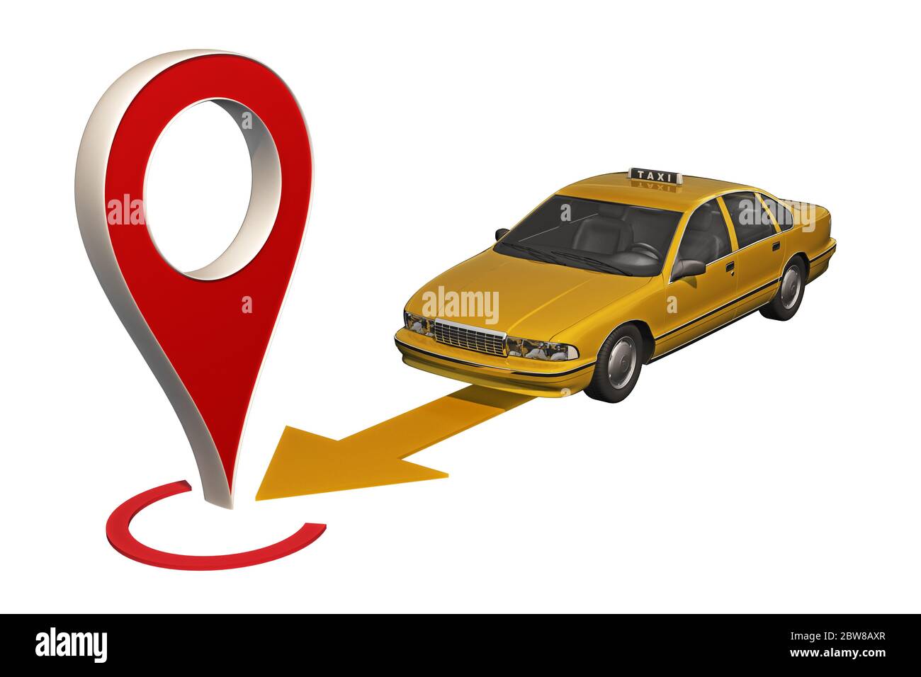 Yellow taxi car rides to the point pin map. 3d rendering Stock Photo