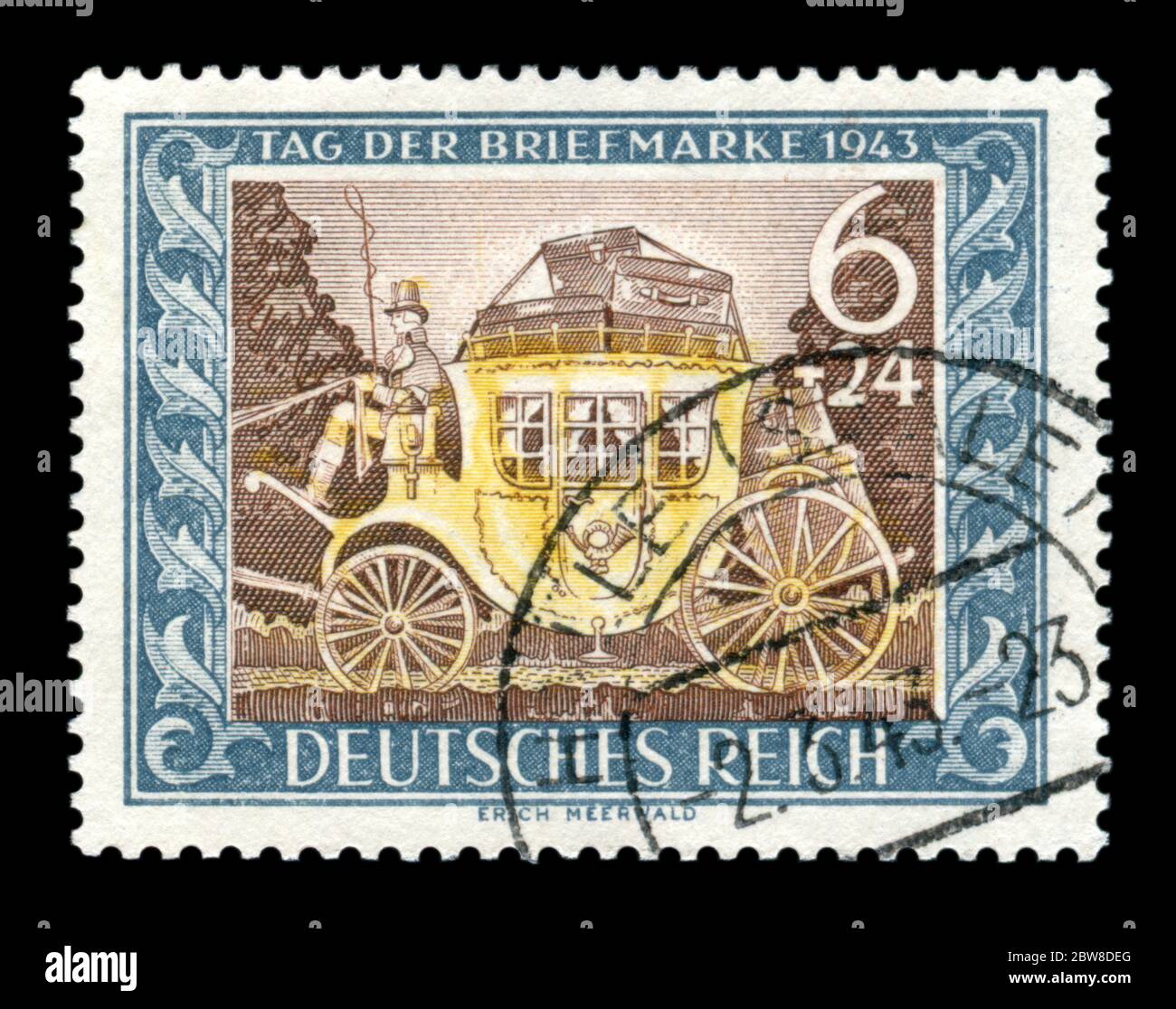 German historical stamp: A coachman on an old mail coach with suitcases at the top and the symbol of the post office. Postage stamp day issue 1943 Stock Photo