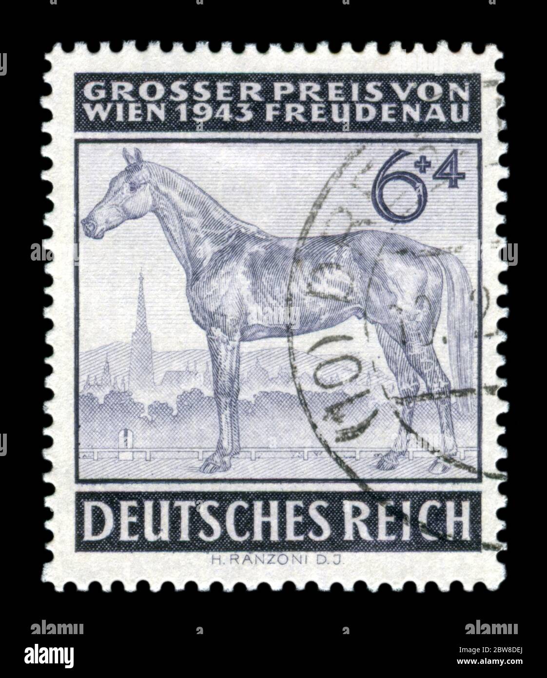 German historical stamp: Sled horse 6+4 pf. Grand Prix Vienna 1943. Isolated on black background,  Germany-Austria, the Third Reich, postmark Stock Photo