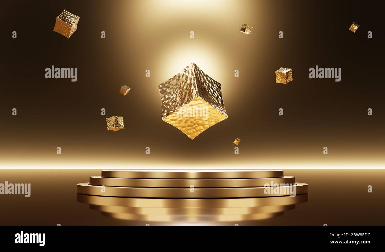 Abstract 3d rendering of golden cubes suspended in the air above the golden circles. Futuristic background wallpaper in High resolution 8k. Stock Photo