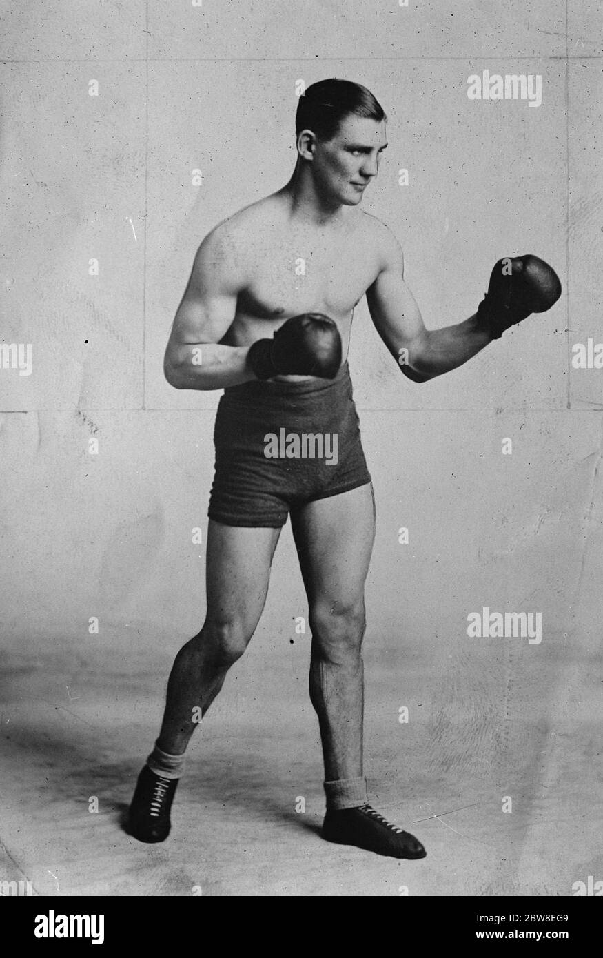 Monday ' s contest for the British and Empire middleweight boxing championship . Welsh boxer , Frank Moody who is going to fight Alex Ireland . 14 September 1928 Stock Photo