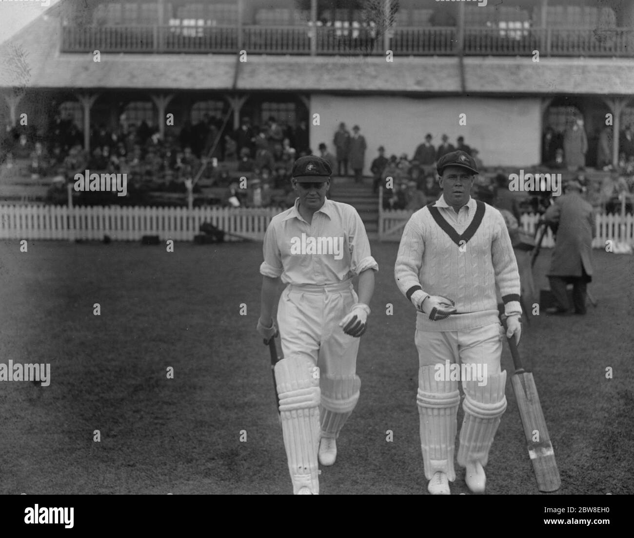 Australians first match in London . Fonsford and Woodfull coming out to open the innings for the Australians against Essex at Leyton . 7 May 1930 Stock Photo