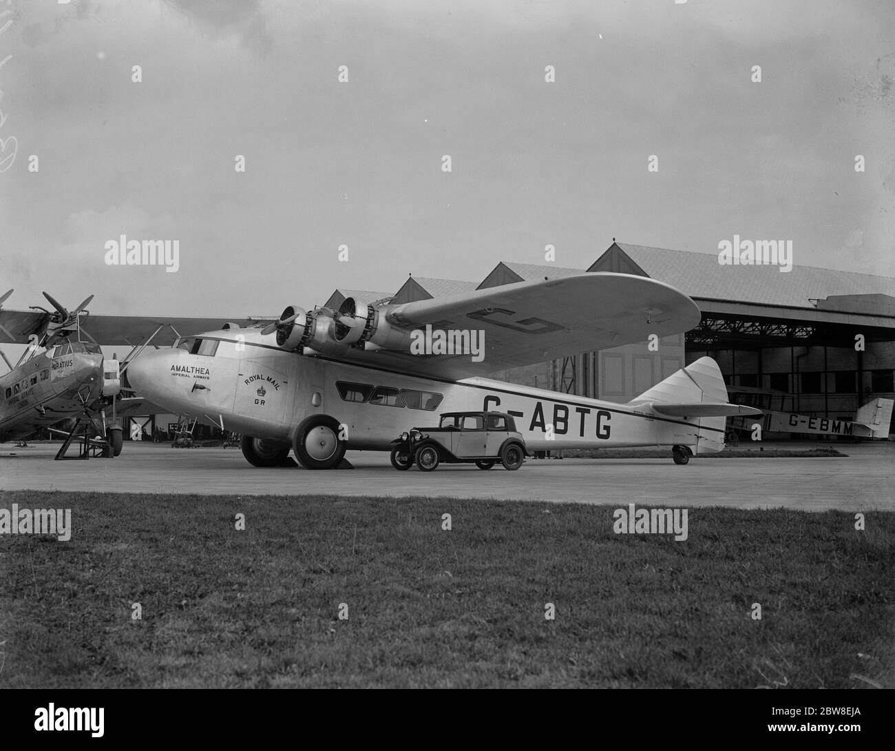New luxury planes for Cape route . Three of a fleet of eight new monoplanes which have been built for Imperial Airways for service on the Croydon - Capetown route , have been delivered at the London Air Port . The Amalthea at Croydon . 8 October 1932 Stock Photo