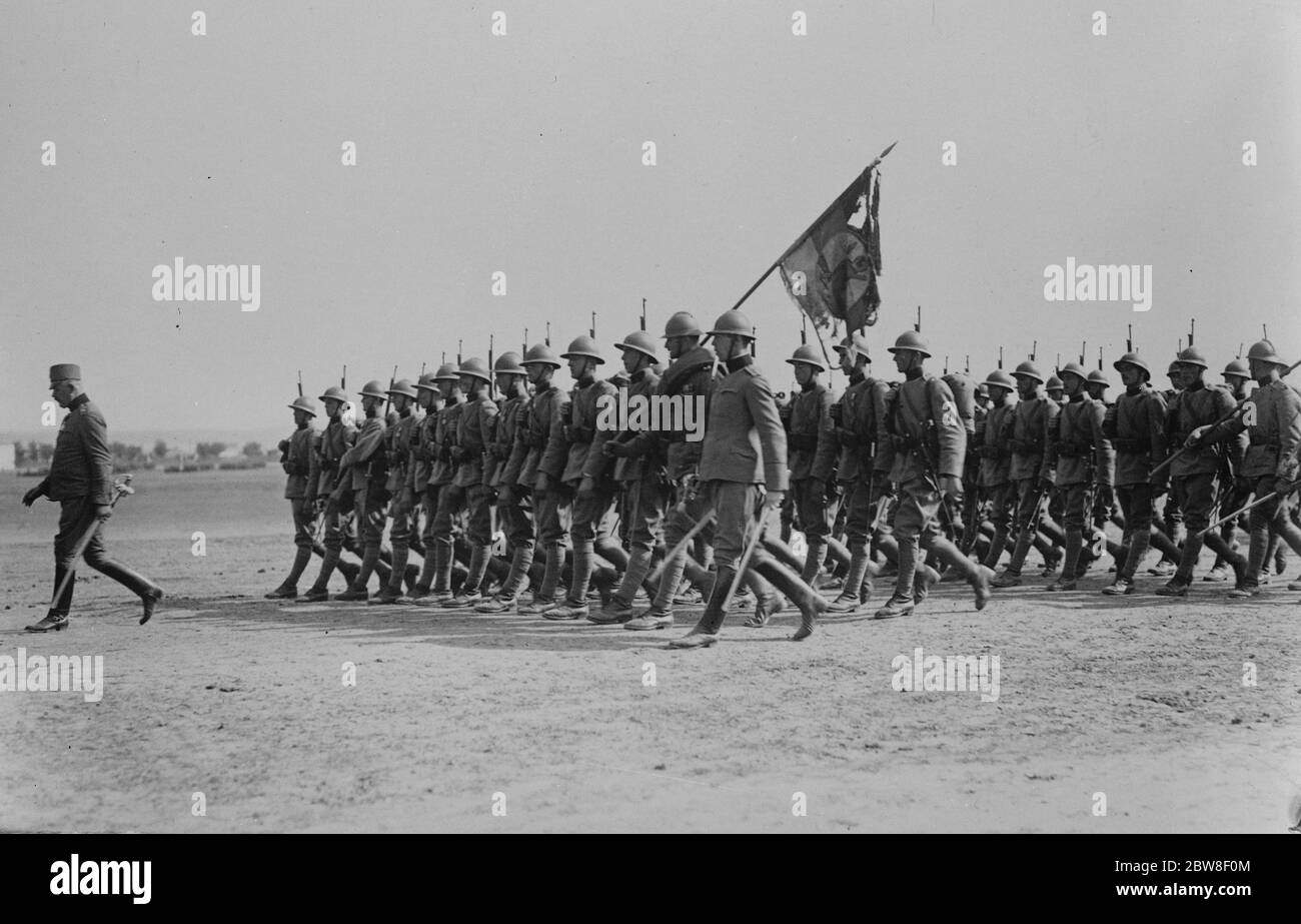 Anniversary celebrations of the Serbian Army ' s war victory . Yugoslavian infantry marching past at the review . 8 November 1928 Stock Photo