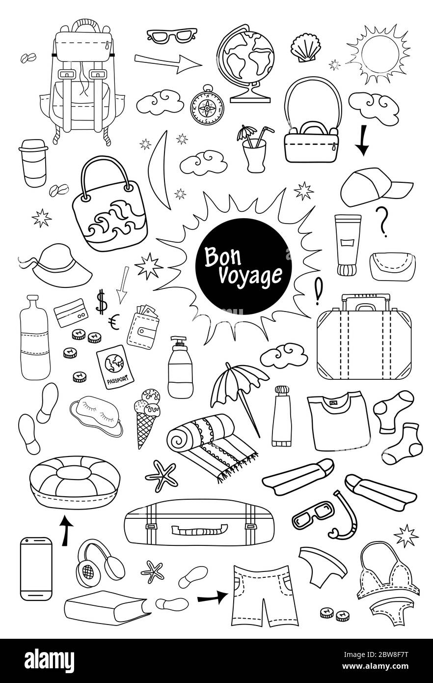 Bon voyage. Doodle set of vector linear travel pictures. Travel concept on a white background - things and clothes, luggage, luggage - everything for Stock Vector