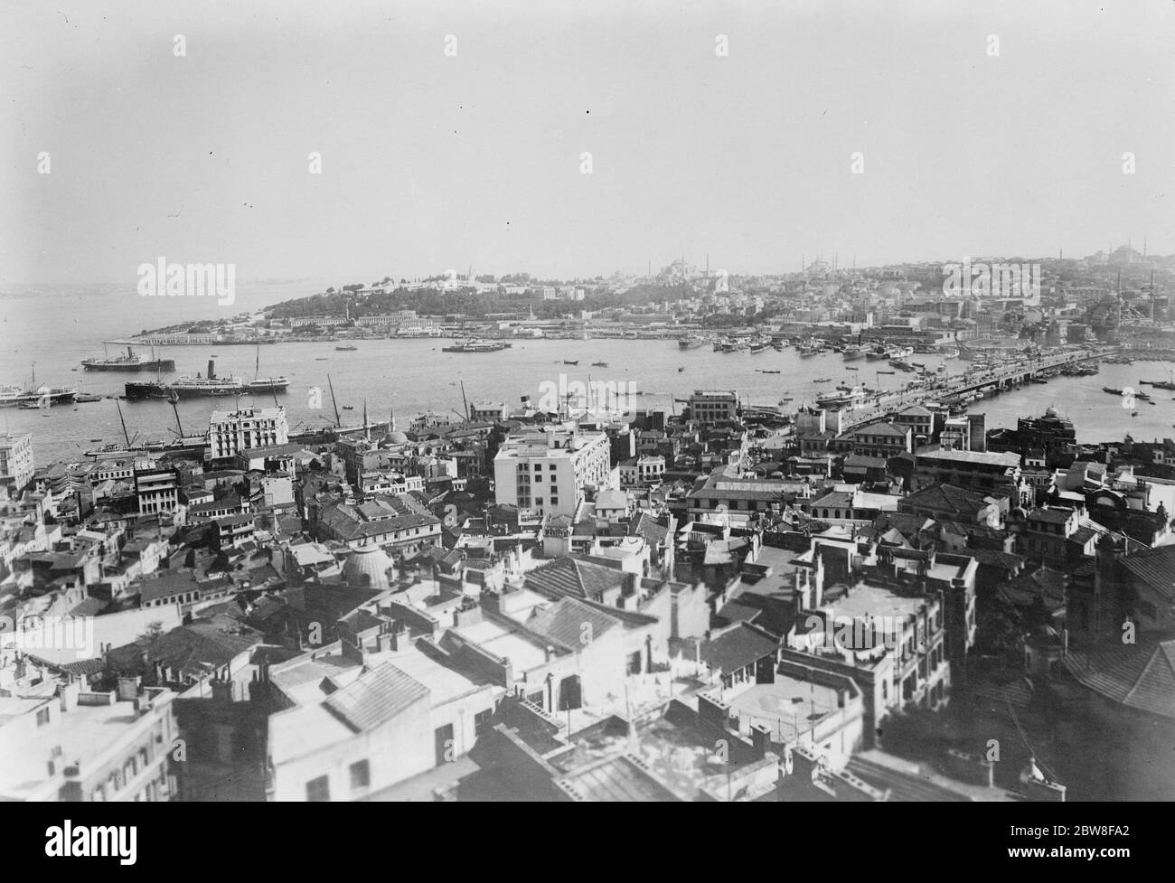 Istanbul . The European quarters of Pera and Galata showing , across the Galata Bridge , the Turkish city of Stamboul . To the left is Seraglio Point , with the old Seraglio , now a State Museum . Stock Photo