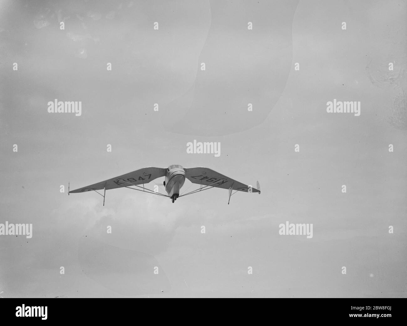 New type of research aircraft . A novel type of light aeroplane differing in use from the heavier than air machine in general use is the  Pterodactyl  a tailless cabin monoplane . The machine in flight . 22 June 1931 Stock Photo