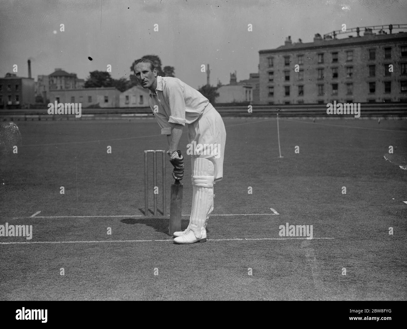 D R Jardine , the Surrey Captain , at the Oval . Illustrating the correct way of  being on guard  . 10 June 1932 Stock Photo