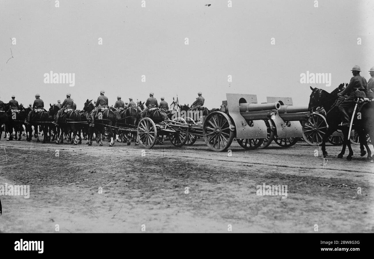 Anniversary celebrations of the Serbian Army ' s war victory . Yugoslavian artillery marching past at the review . 8 November 1928 Stock Photo