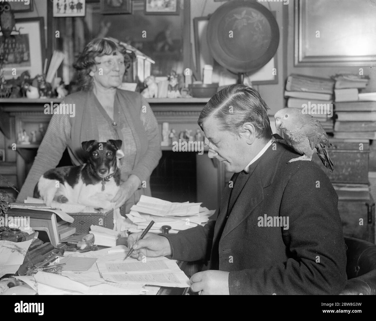 The Parish pets . Fox terrier and parrot attends all meetings . Rev Pennington Bickford busy in his study . 30 October 1930 Stock Photo