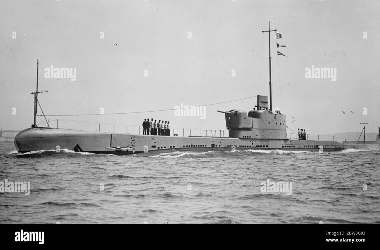 Great Britian ' s latest submarine . HMS Perseus ( N 36 ) was a British Parthian-class submarine arriving at Plymouth from the builders after successfully trials at sea . She is the only one of the class to carry a 4 . 9 inch gun , and is now to commission for service on the China station ( 1930 ) 30 April 1930 Stock Photo