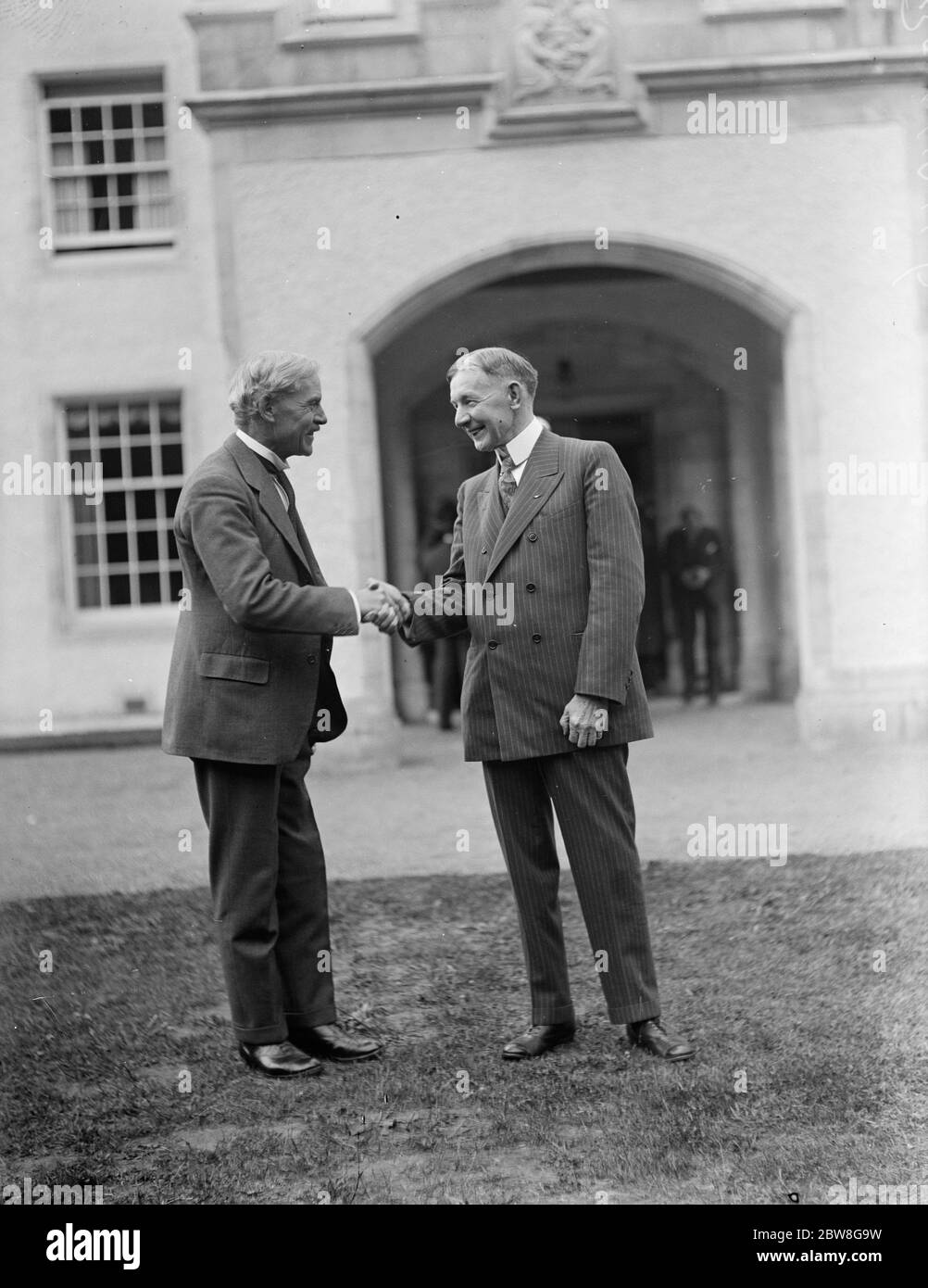 Historic meeting of Premier and American ambassador in the Highlands on Sunday . General Dawes and Mr Ramsay MacDonald shaking hands . 17 June 1929 Stock Photo