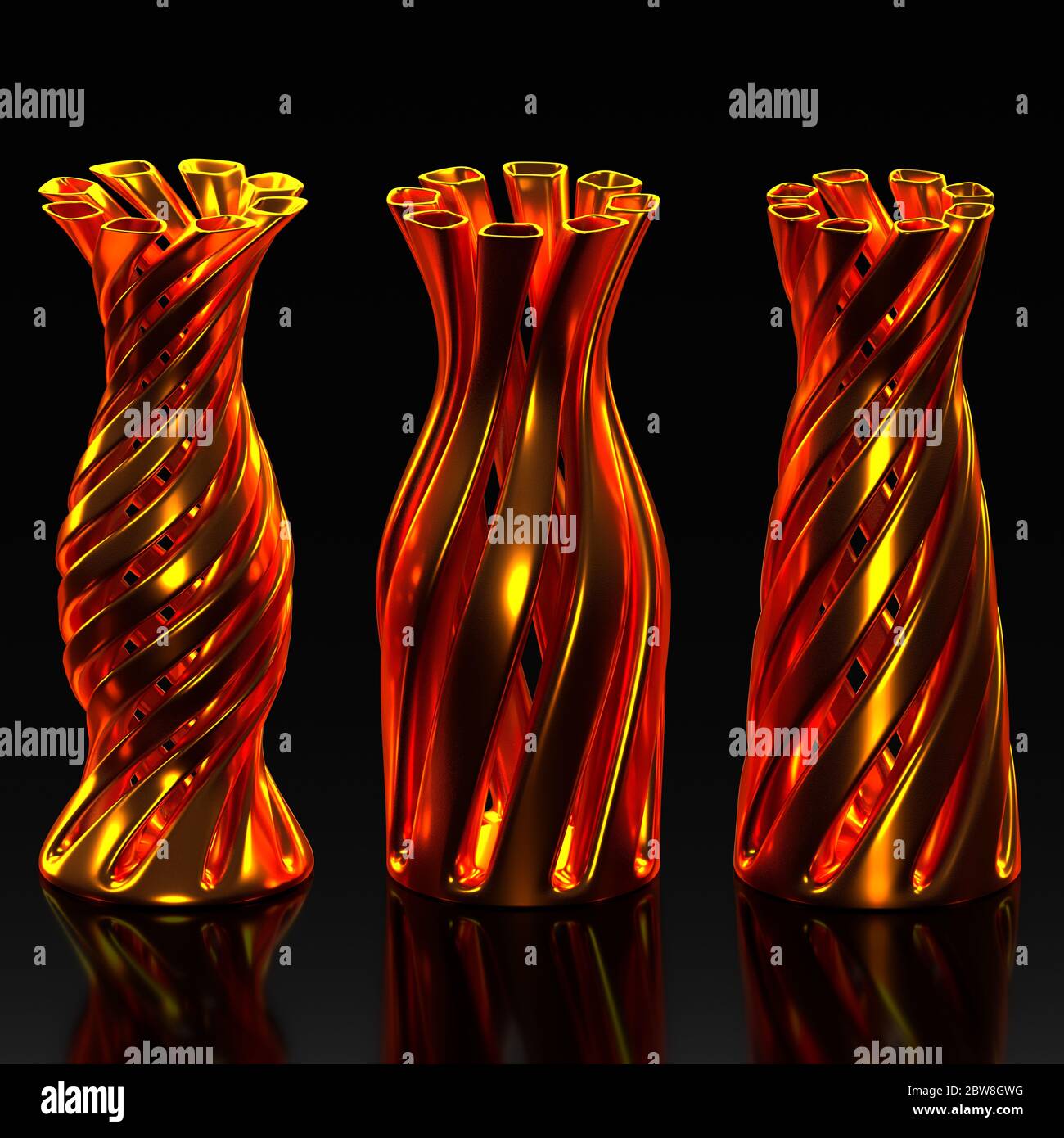 Three different types of 3d printed vases in gold material Stock Photo
