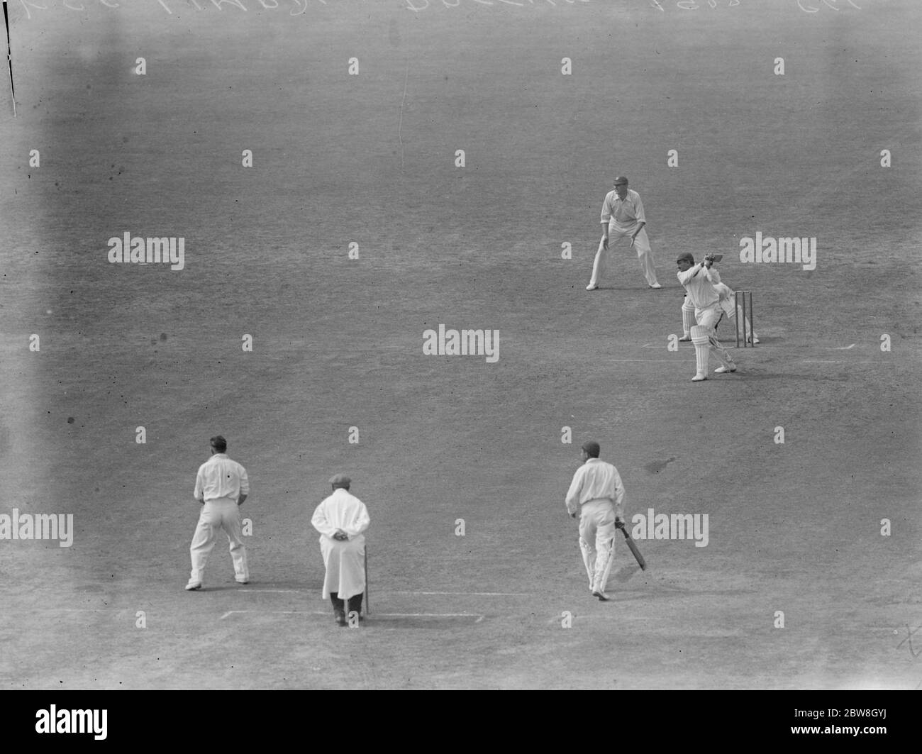 Surrey versus All India at the Oval . K S G Limbdi , who captained the Indians , and made 43 runs , by hard hitting , driving Gregory to the rails . 16 August 1932 Stock Photo