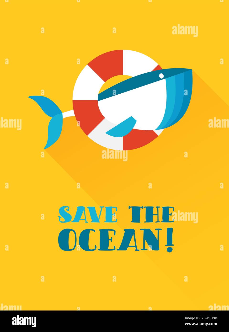 Text Save the Ocean! Whale with red and white Lifebuoy. Stock Vector