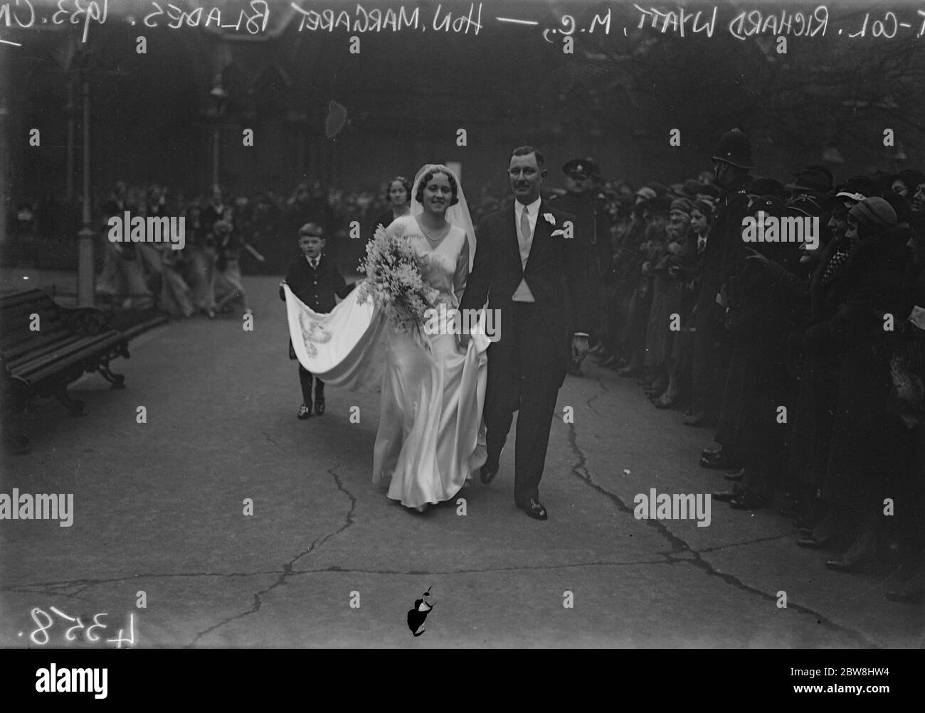 Lord Ebbisham 's daughter weds . The wedding of Lt Col Richard Wyatt MC and the Hon Margaret Blades , took place at St Margaret 's , Westminster . The bride and bridegroom leaving the church . 17 January 1933 Stock Photo