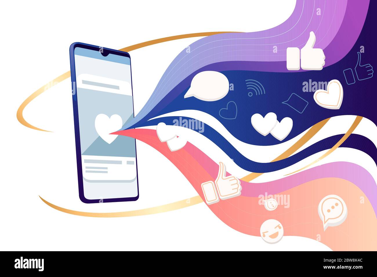 Black smartphone with abstract color wave and hearts likes thumbs up social media platform flat vector illustration on white background Stock Vector