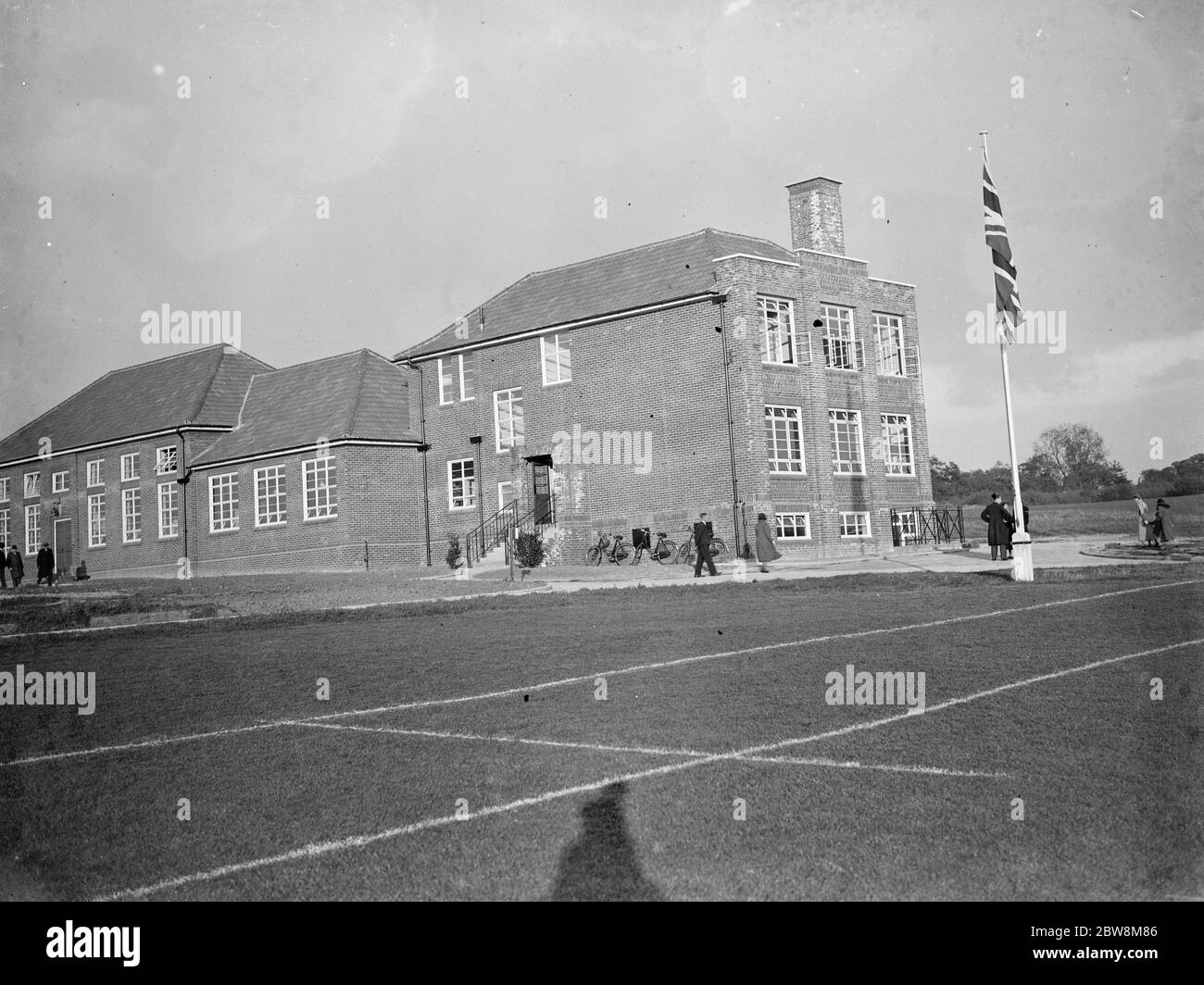 Secondary school building playground Black and White Stock Photos
