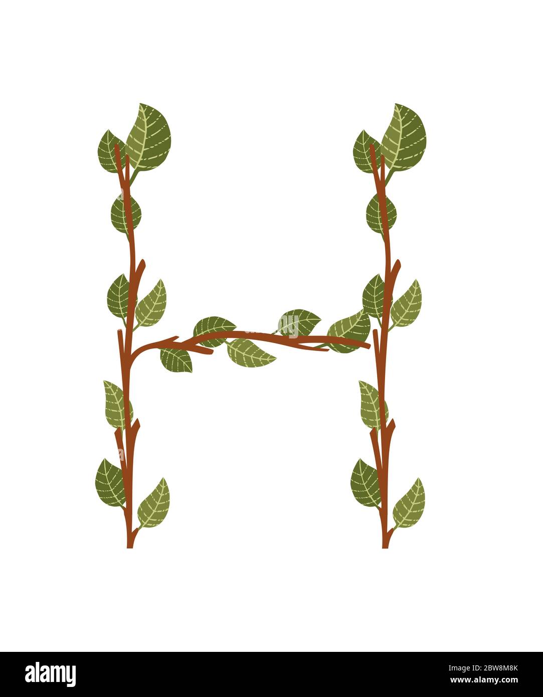 Letter H brown tree branches with green leaves eco font flat vector ...