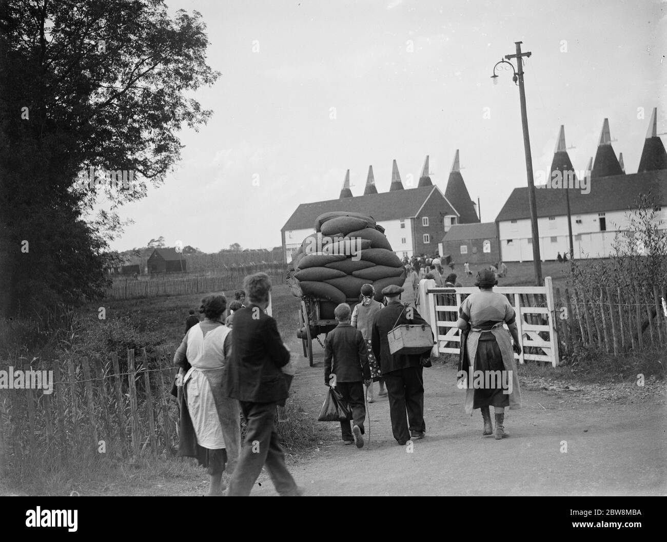 Hop pickers walking back to the oast houses with a loaded cart . 1935 Stock Photo