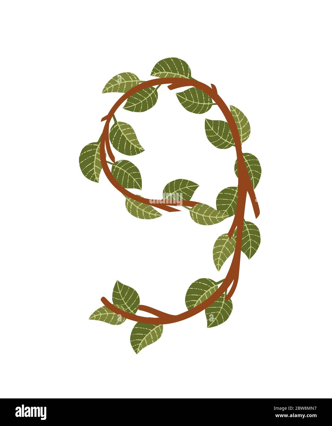 Number 9 brown tree branches with green leaves eco font flat vector ...