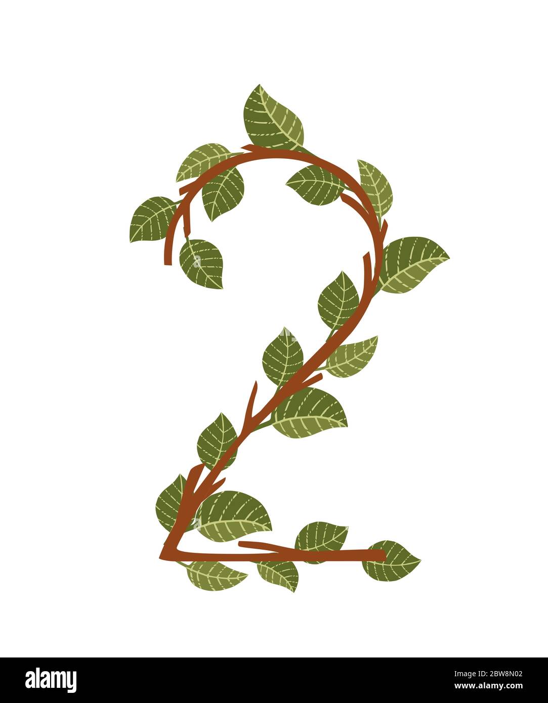 Number 2 brown tree branches with green leaves eco font flat vector