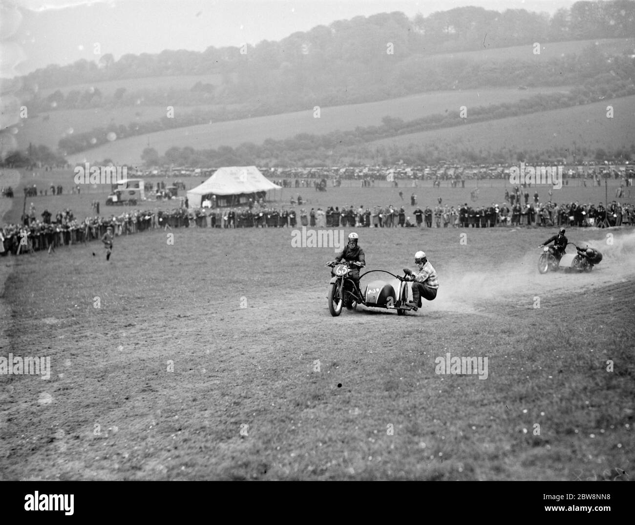 Speedway sidecar bikes race at Bigginhill . 1936 Stock Photo