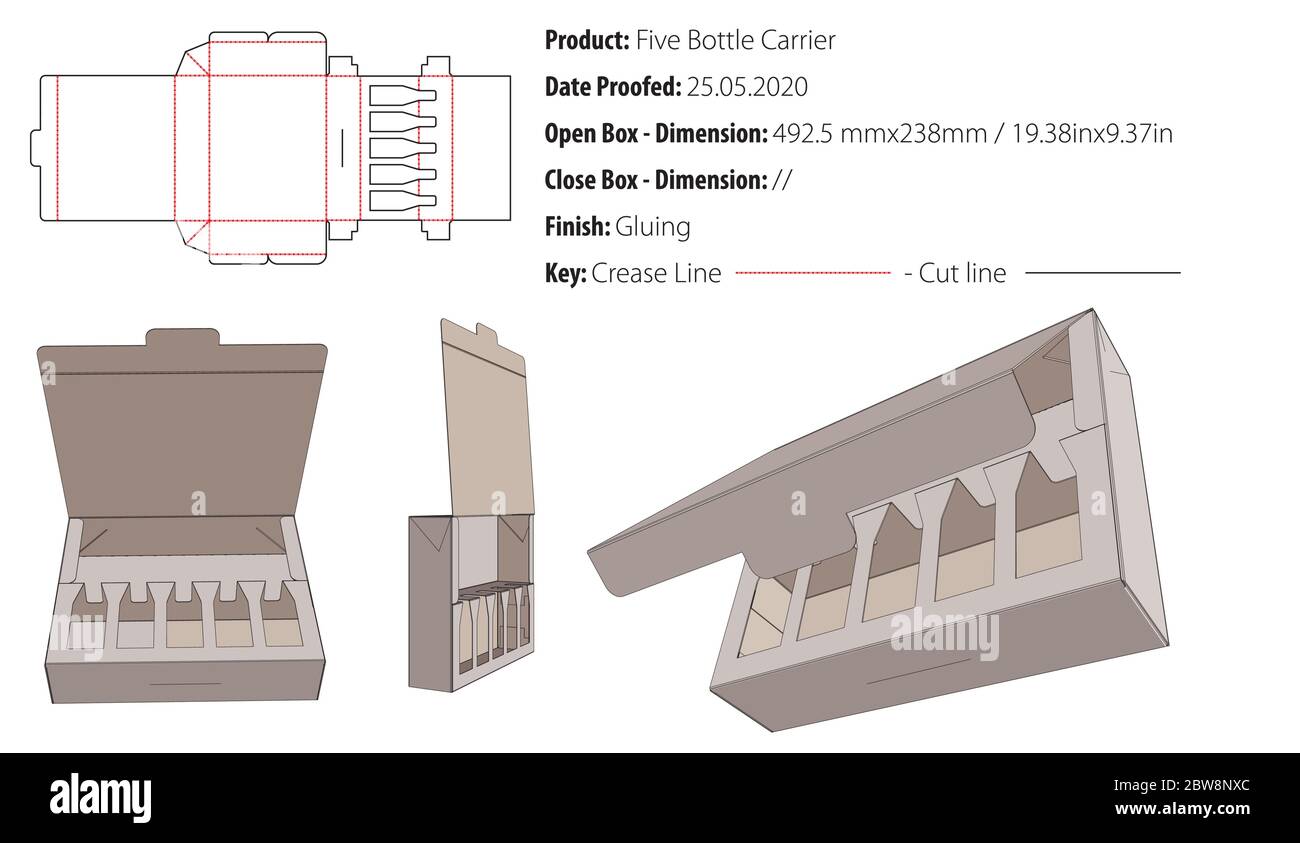 Luxury five bottle carrier packaging design template gluing die cut - vector Stock Vector