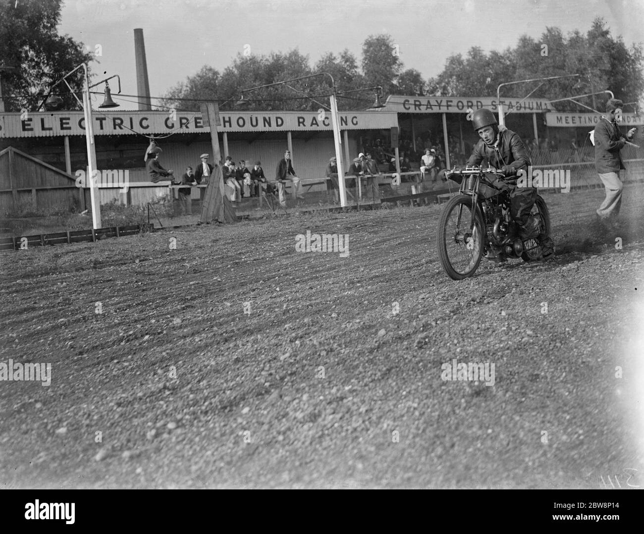 Speedway bikes at the Crayford track . 1936 Stock Photo