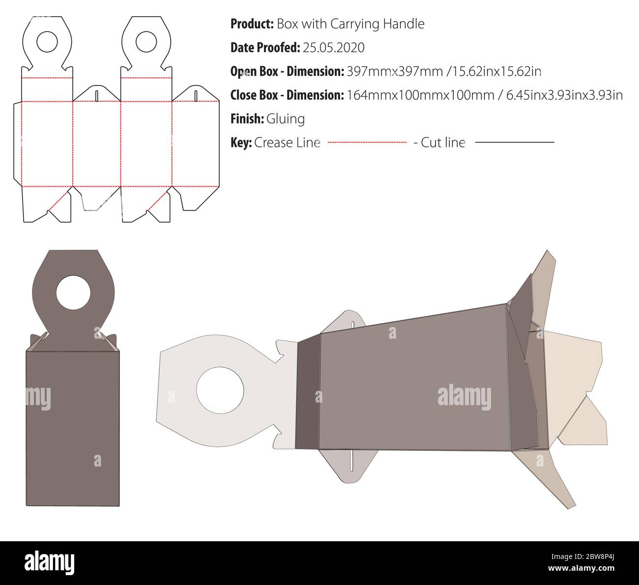 Box with carrying handle packaging design template crash lock bottom