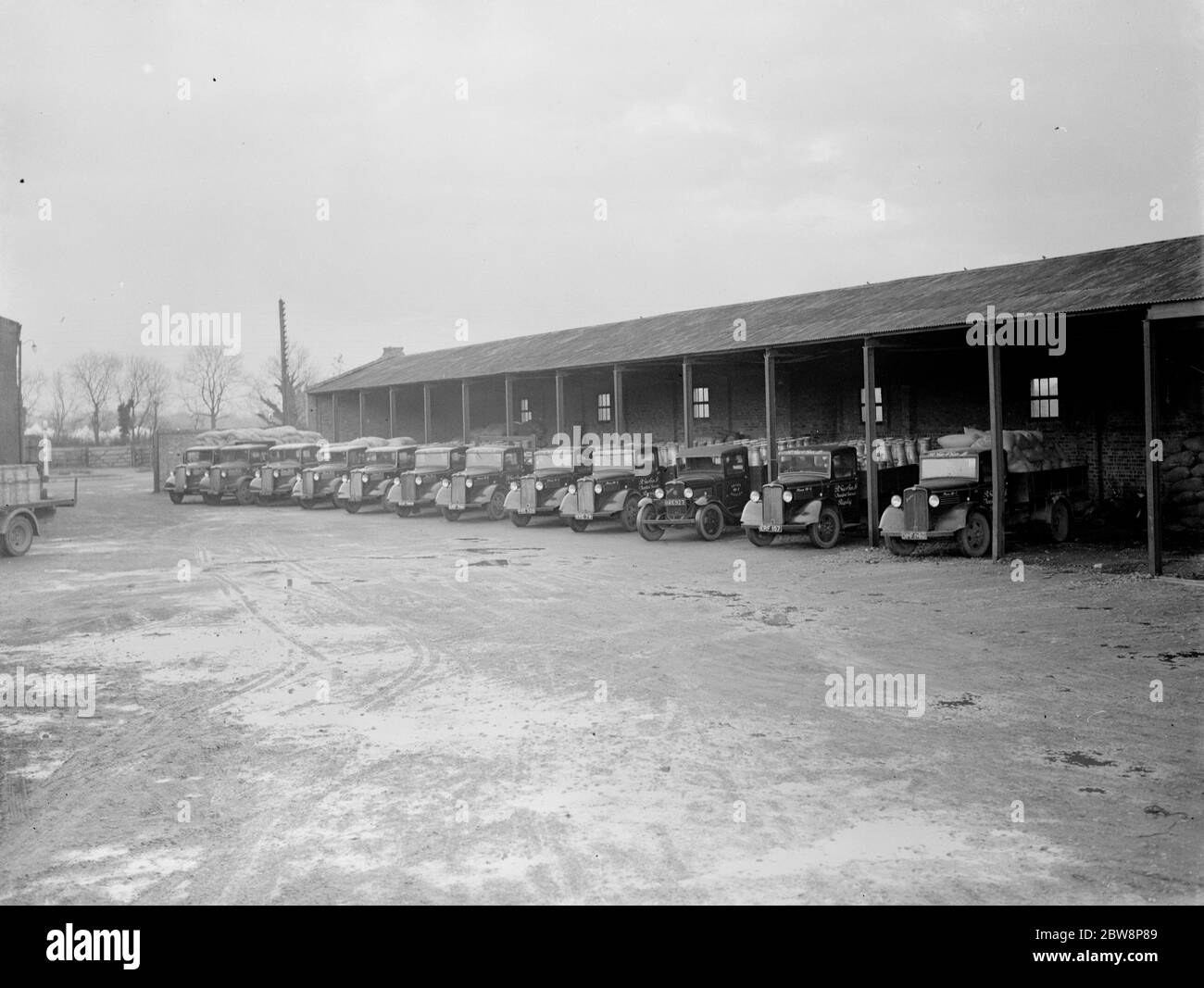 The parked lorry fleet of R Gee and Sons of Rugeley , Staffordshire , who provide transport services . 1937 . Stock Photo