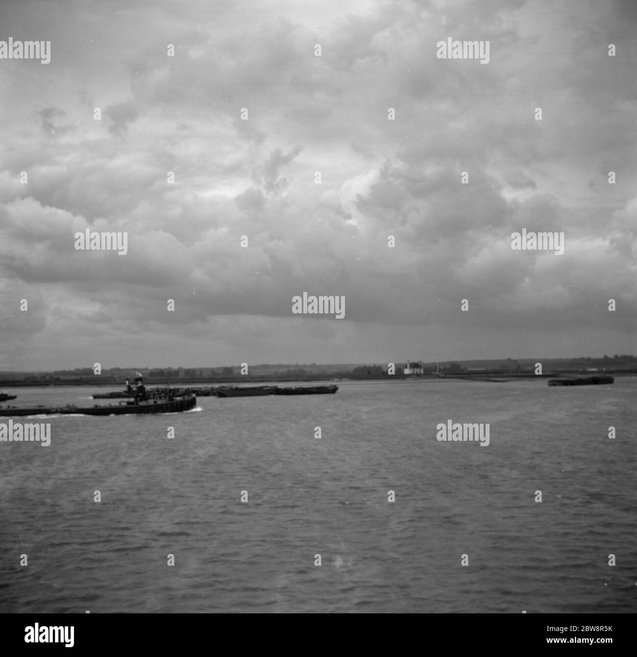 General view of barges on the river Thames . 1936 Stock Photo