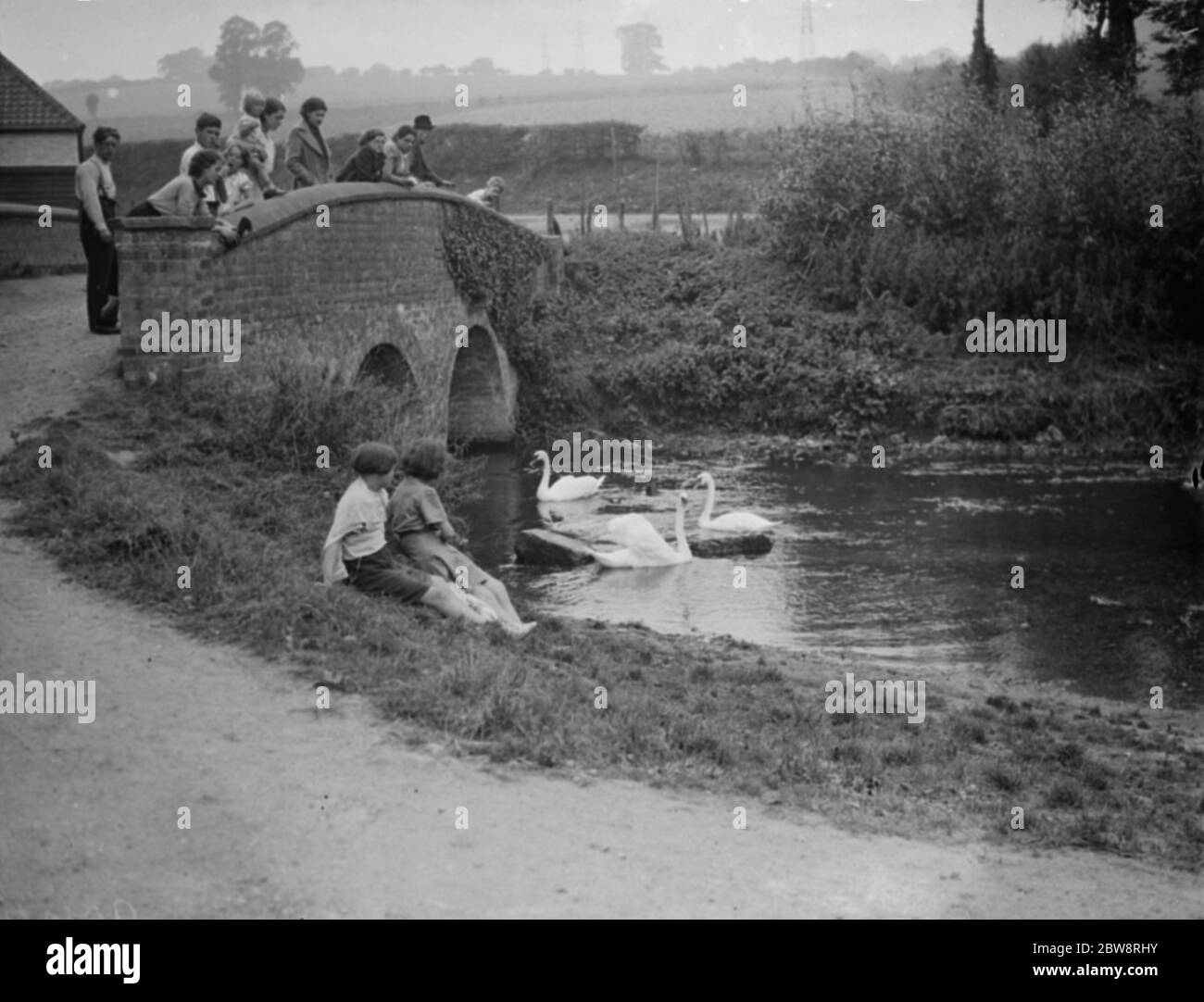 Hop pickers watch the swans on the river from a bridge . 1938 . Stock Photo