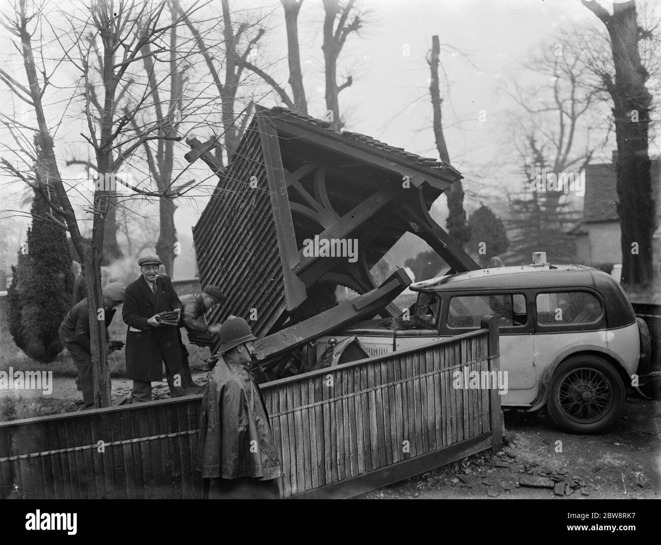 Car smashes into the lych gate at Foots Cray church . 1935 Stock Photo
