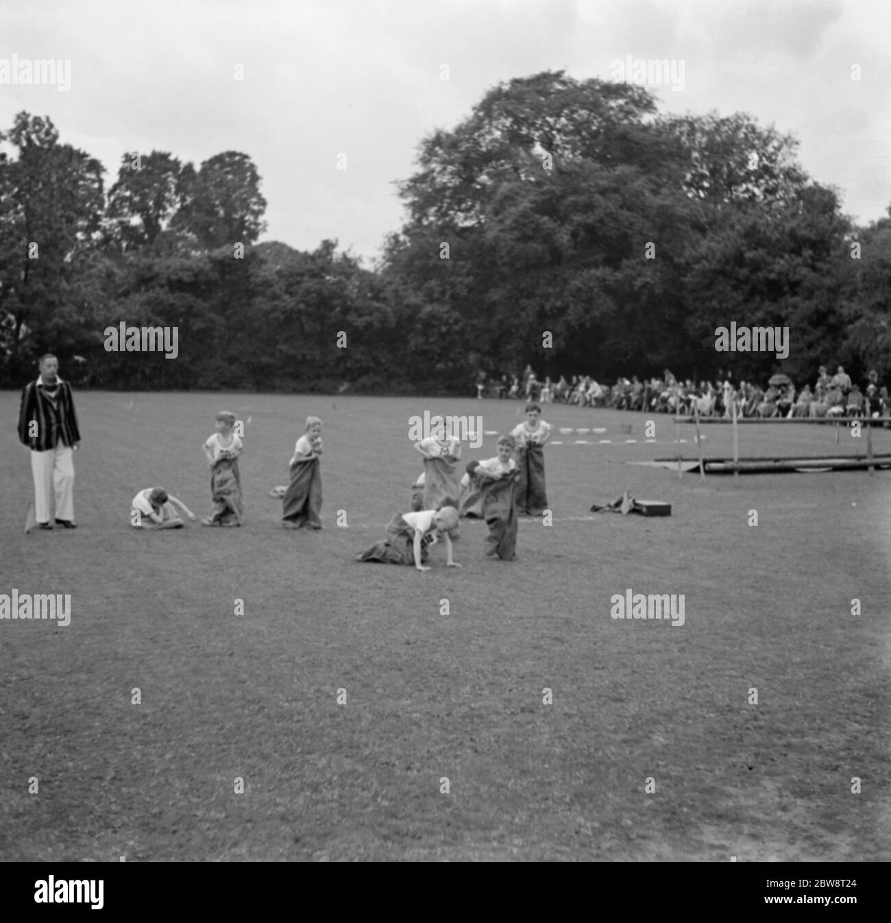 Sports day at Merton Court School in Sidcup , Kent . The boy ' s sack race . 1938 Stock Photo