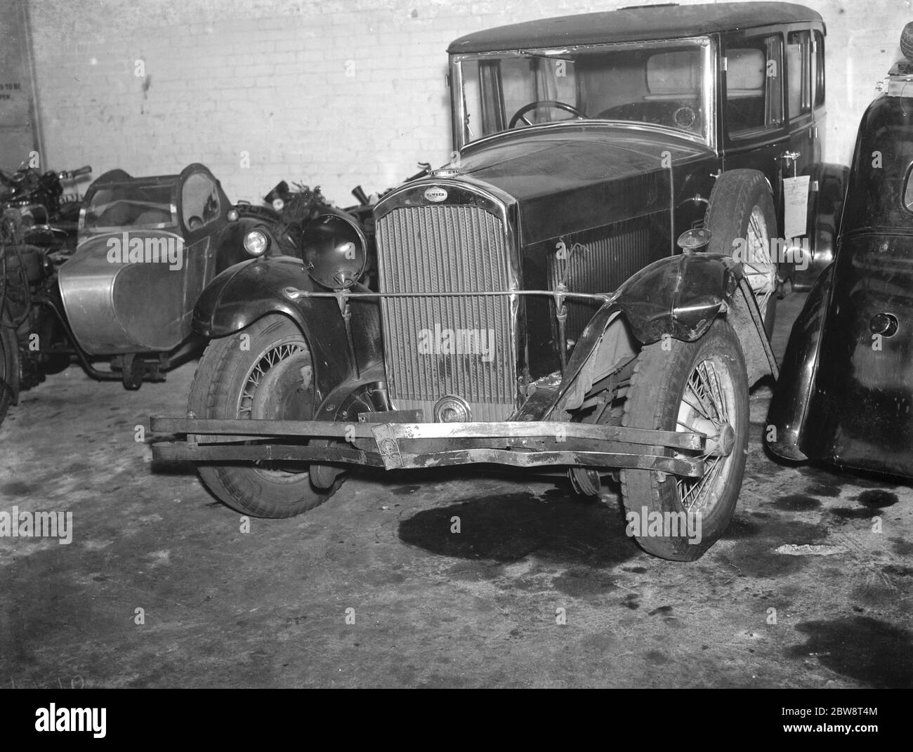 A crashed car in Eltham , London . Insurance job . 1938 Stock Photo