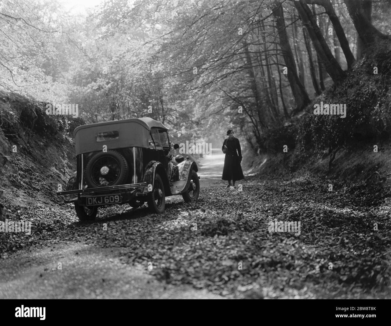 A woman taking in the woodland scene next to a parked sports car . 1936 Stock Photo