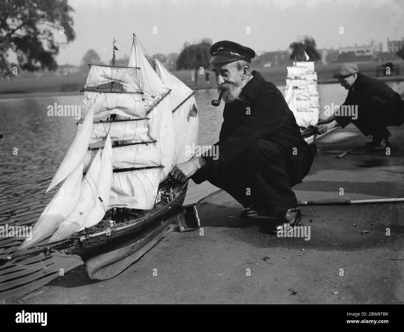 Captain J F Dean and R Stead with two model sailing ships in Blackheath , London . 1938 Stock Photo