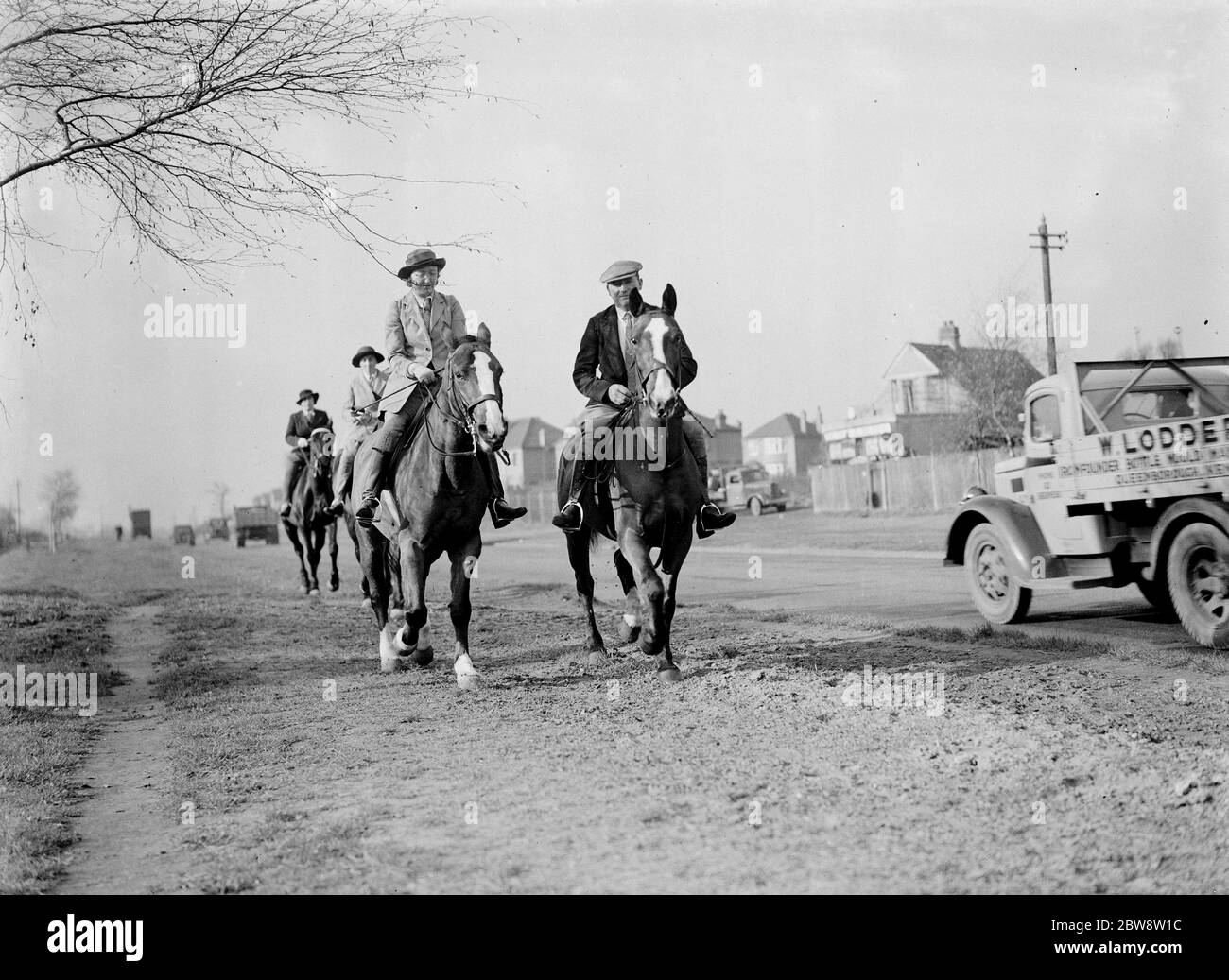 Horse riders on a road in Bexley , London 1938 Stock Photo