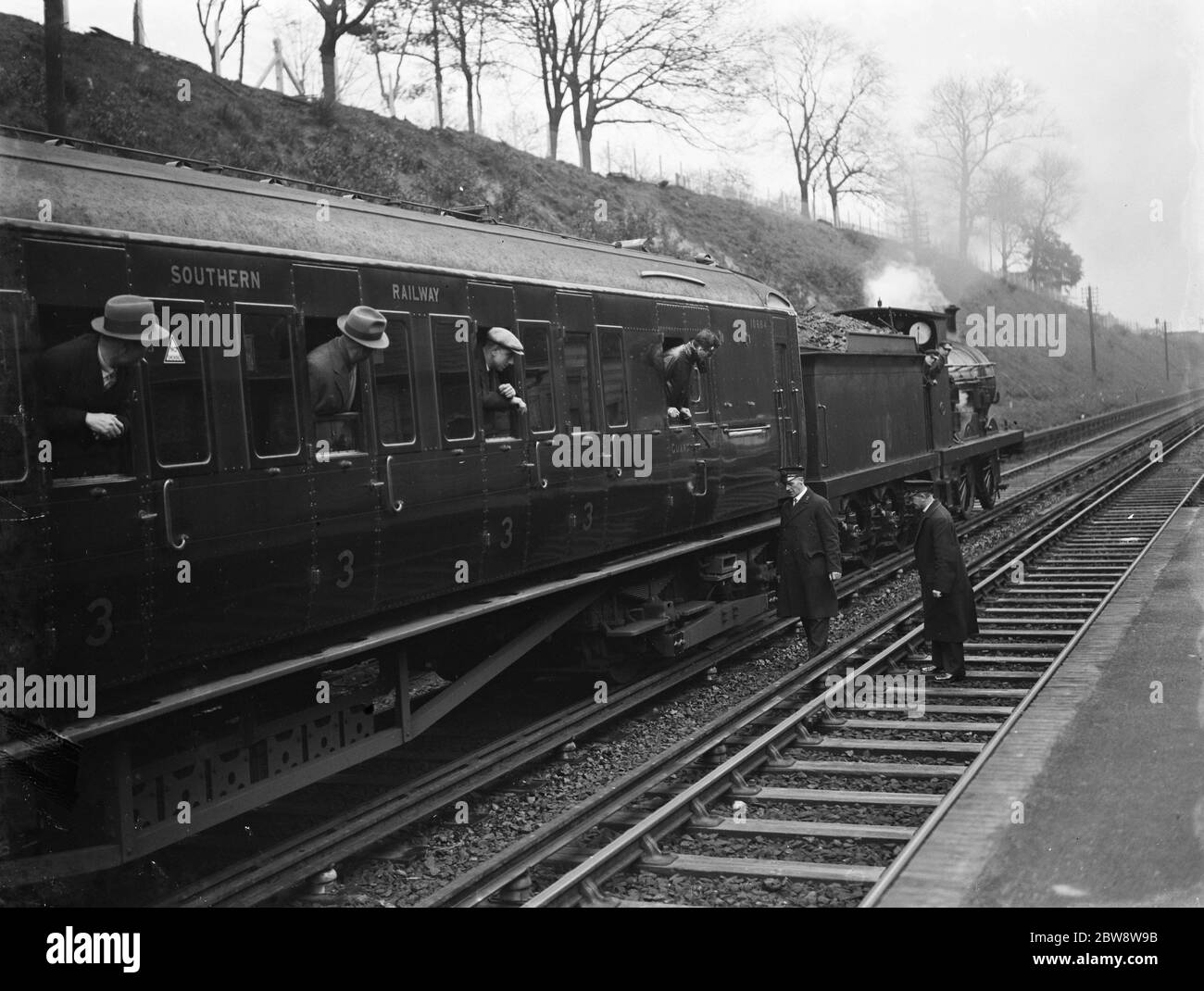 Testing electrified railway lines by steam train in Swanley , Kent . 1938 Stock Photo