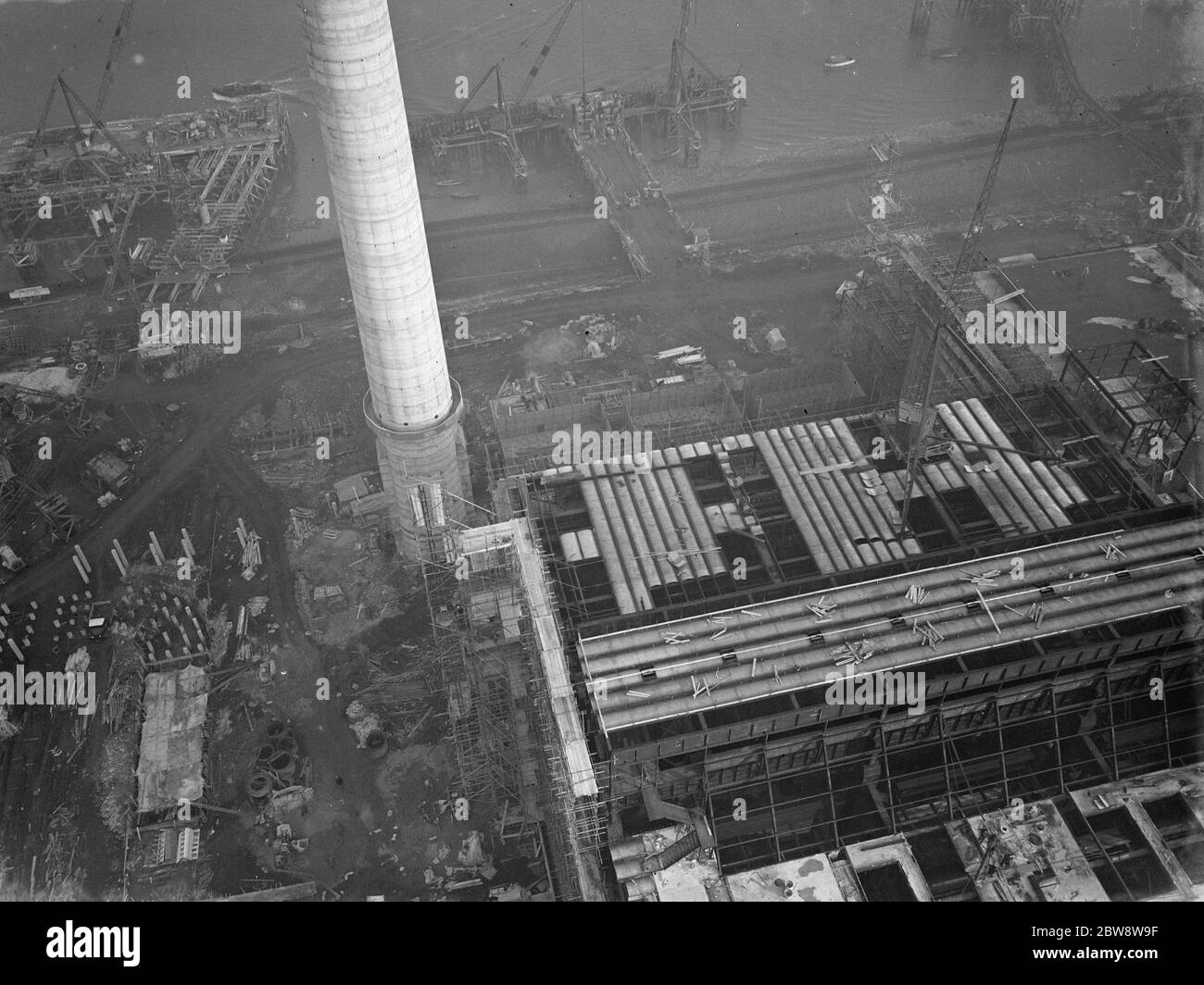 A general view from one of the chimneys of the new coal electric power station under construction near Dartford , Kent . 1938 Stock Photo