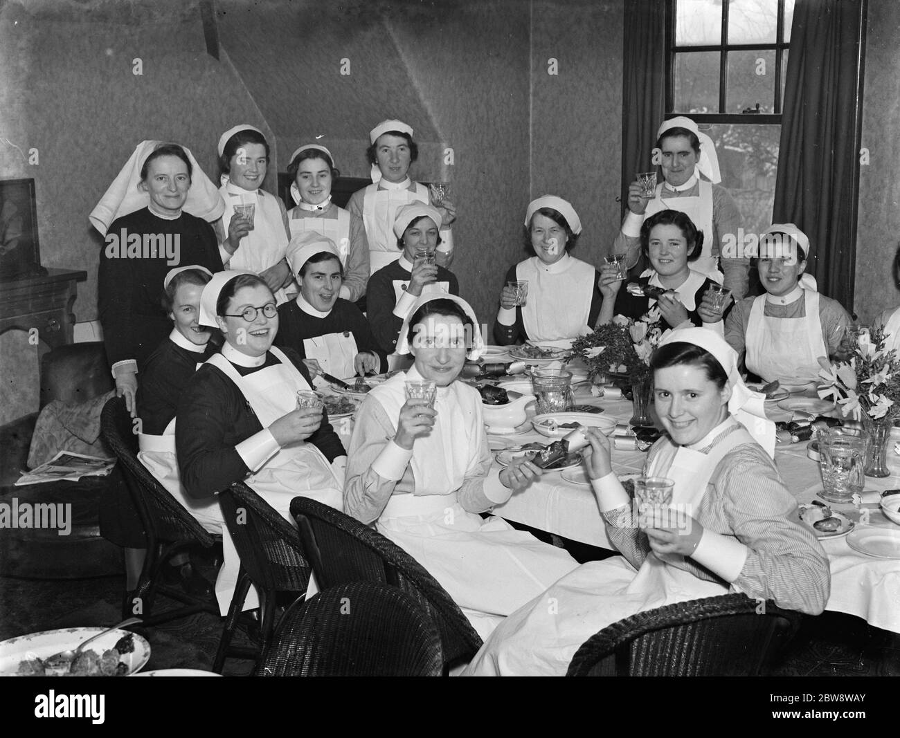 Christmas at the LIvingstone Hospital in Dartford , Kent . The Nurses christmas dinner . 1938 Stock Photo