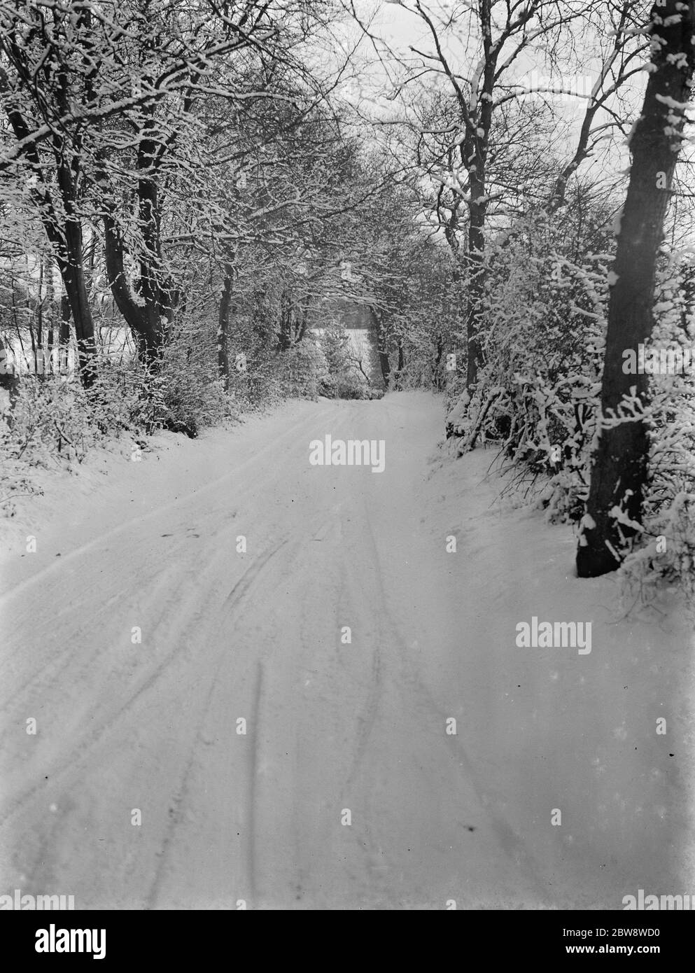 Roads covered in snow in Kingsdown , Kent . 1938 Stock Photo