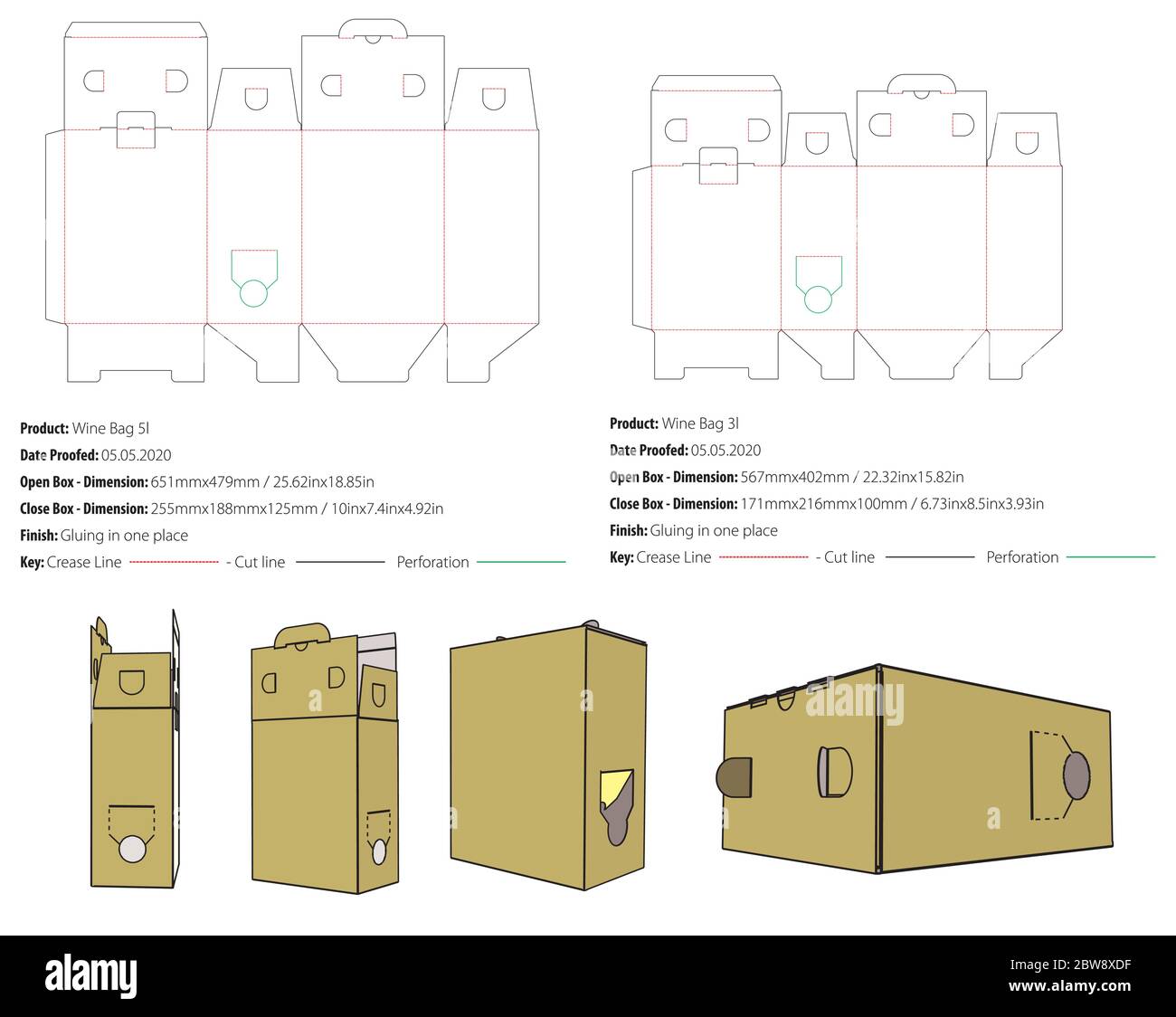 Two wine bag box 5 liters and 3 liters Packaging template die cut vector Stock Vector