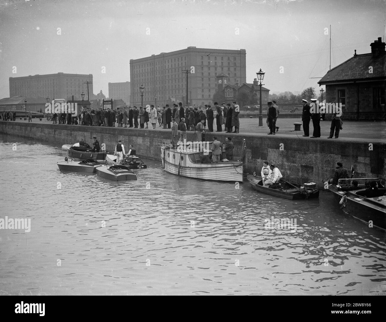 Watchers of the motorboat racing in the Bristol channel . 1938 Stock Photo