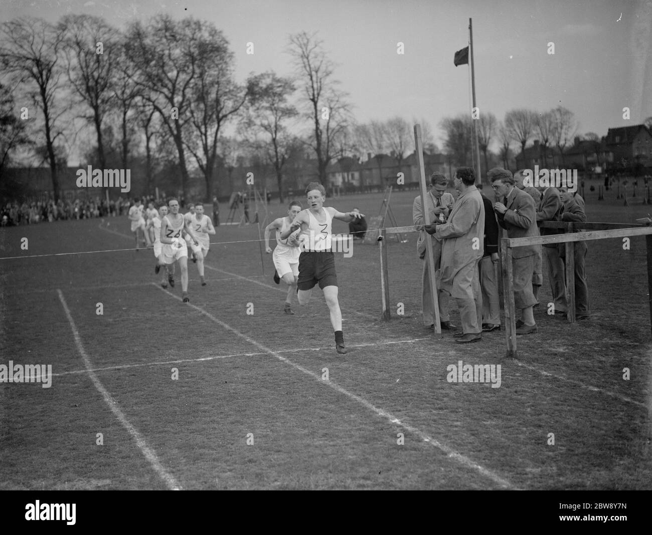 Eltham College sports . The finish of the 220 yard dash . 1938 Stock Photo