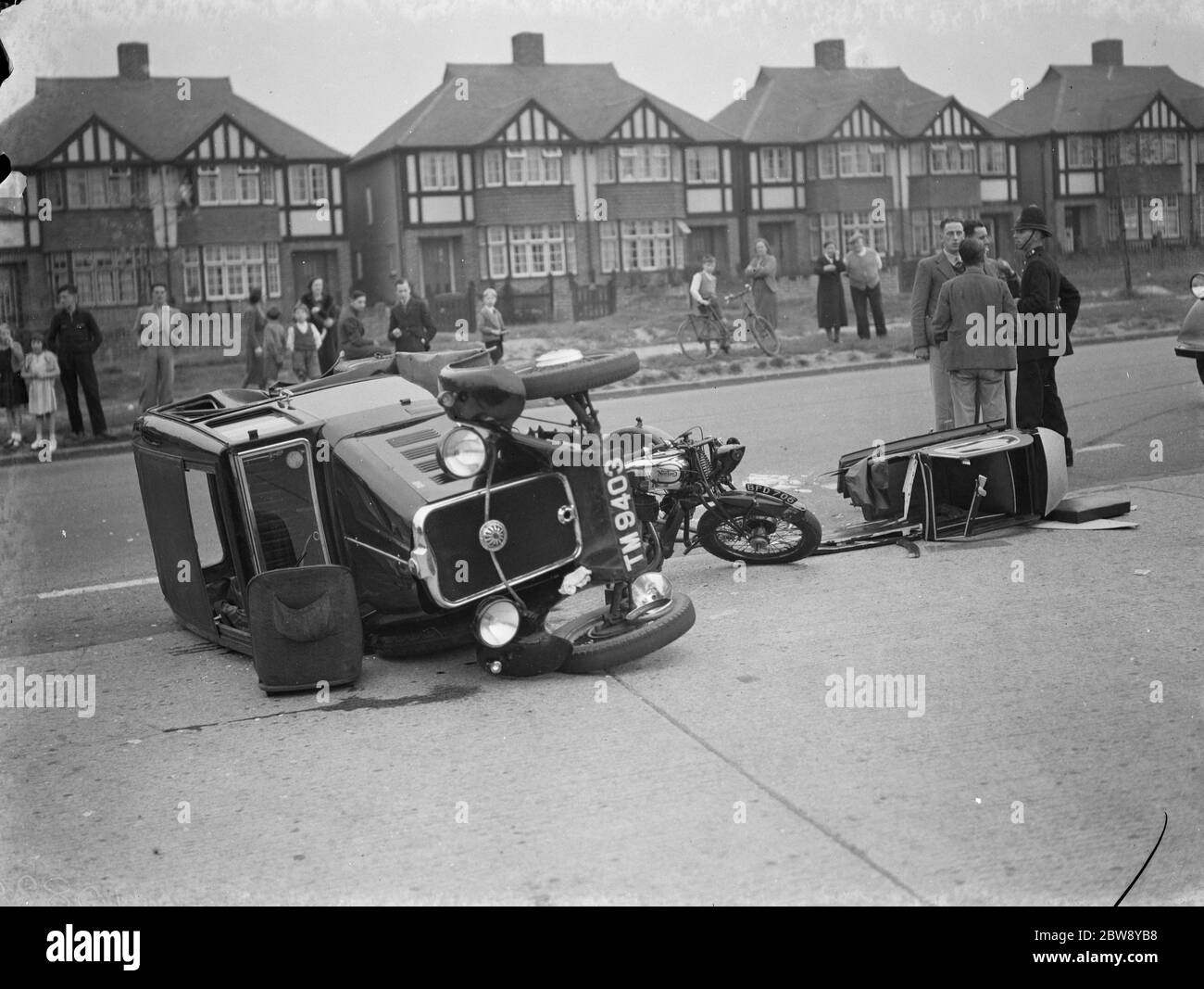 The aftermath of a crash between a car and a sidecar motorbike in Rochester . 1939 Stock Photo